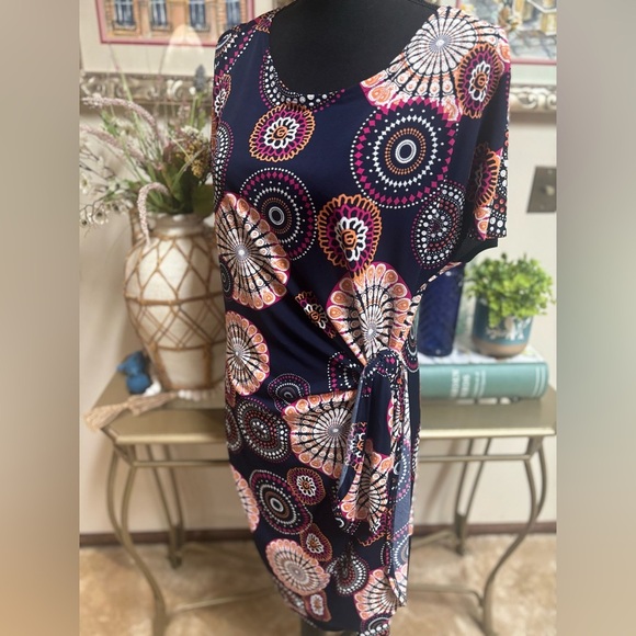 Robbie Bee Navy and Multicolor Textured Dress Faux Wrap Side Tie Size Large - Picture 3 of 9